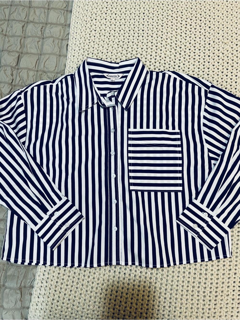 Nanette Lepore Cropped Navy & White Vertical Stripe Button-Down Shirt